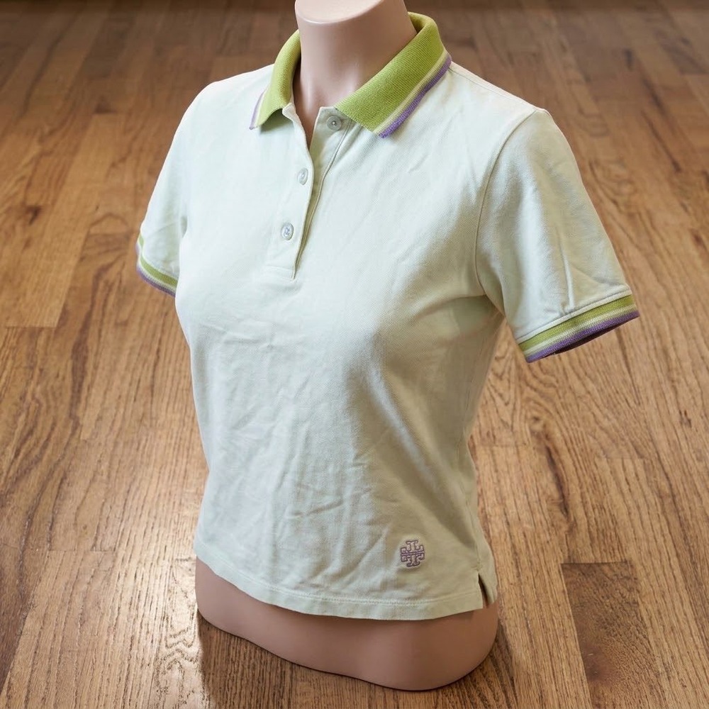 Tory Sport Womens XS Mint Green Striped Trim Cotton Polo Shirt